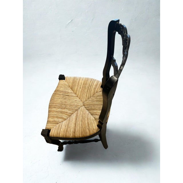 Set of 6 Vintage Carved Wood Rush Seat Dining Chairs Beautiful set of six vintage carved wood dining chairs featuring...