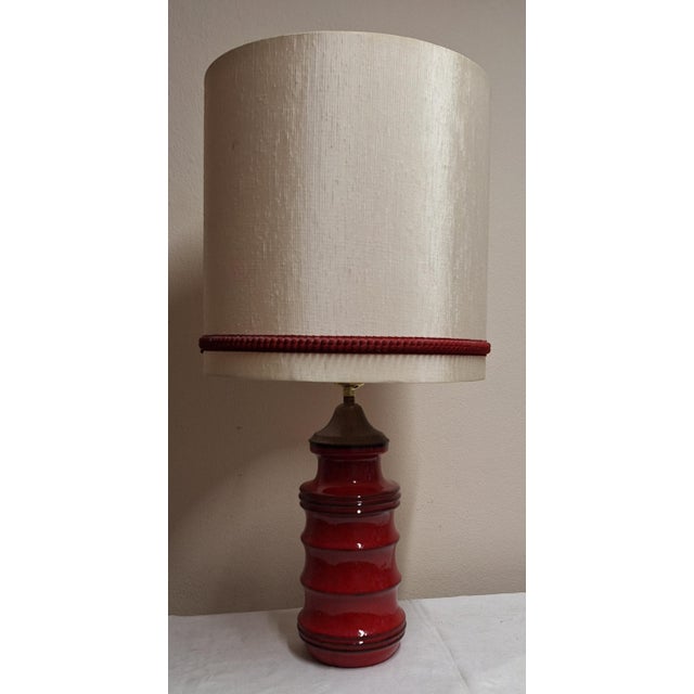 German Red Ceramic Table Lamp with Cream Fabric Shade, 1970s, in Good conditions. Designed 1970 to 1979 European Plug (up...
