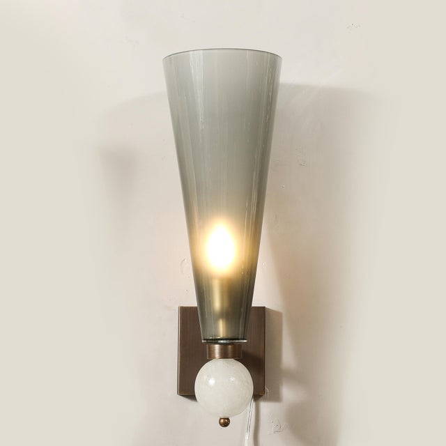Modernist Hand-Blown Smoked Gray Murano Glass Conical Sconces With Orbital Drop For Sale - Image 14 of 15