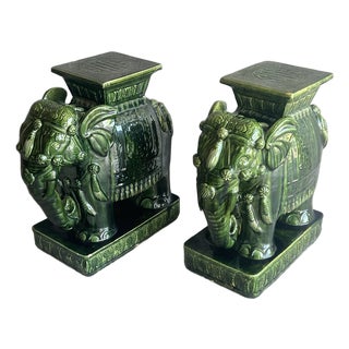 Late 20th Century Large Pair of Palm Beach Regency Style Green Glazed Ceramic Elephant Stands or Stools For Sale