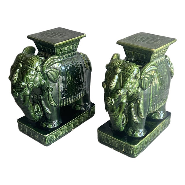 Late 20th Century Large Pair of Palm Beach Regency Style Green Glazed Ceramic Elephant Stands or Stools For Sale