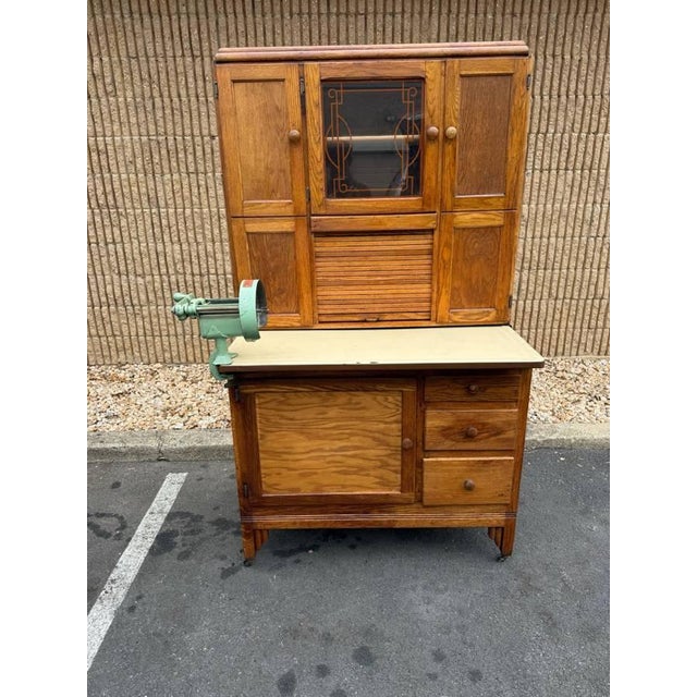 Antique Early 20th Century Farmhouse Kitchen Hoosier Oak Wood Pantry Cabinet or Cupboard With Pie Safe and Flour Sifter for Decor. For Sale - Image 9 of 11