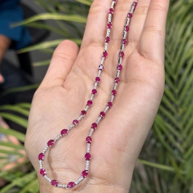 Metal Natural 8.90ct Ruby & 1.24ct Diamond Riviera Tennis Necklace in 14k White Gold For Sale - Image 7 of 17