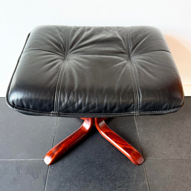 Wood Vintage Lindos Black Leather and Wood Ottoman from Ikea, 1997 For Sale - Image 7 of 15
