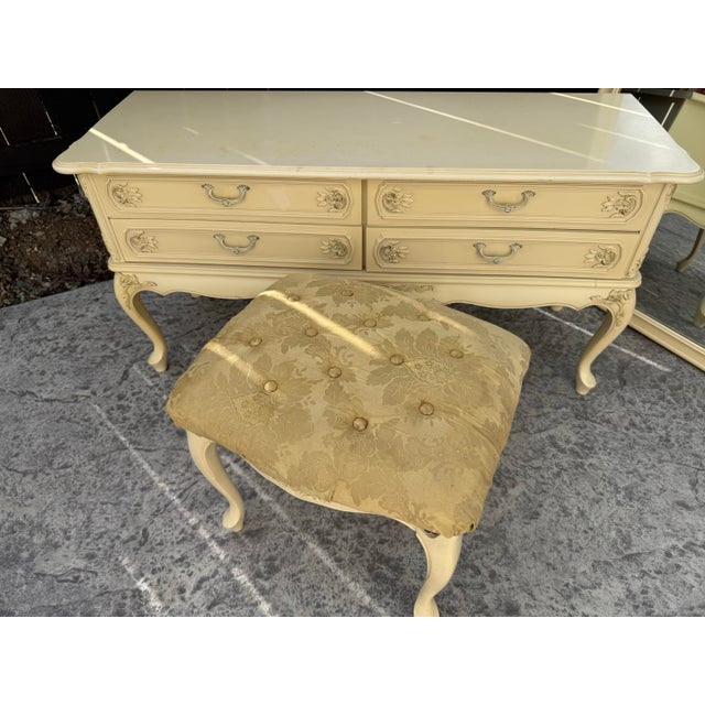 French Provincial Fresh Provincial Vanity Set With Stool and Mirror For Sale - Image 3 of 8