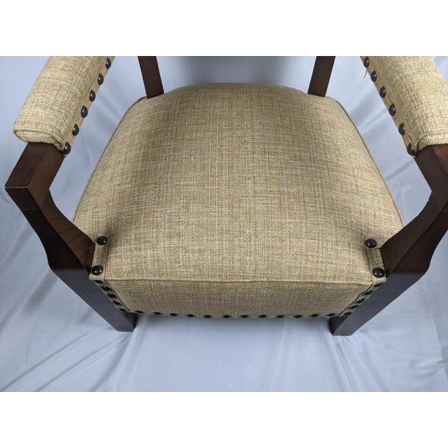 Wood Mid-Century Mission Arts & Crafts Wood Upholstered Armchair With Nailhead Trim For Sale - Image 7 of 17