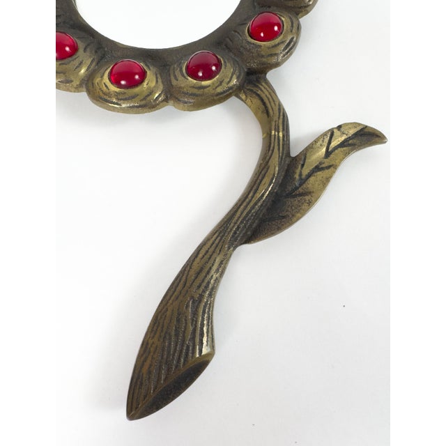 Vintage Brass Floral Hand Mirror With Red Glass Cabochons, Art Nouveau Style For Sale - Image 4 of 13