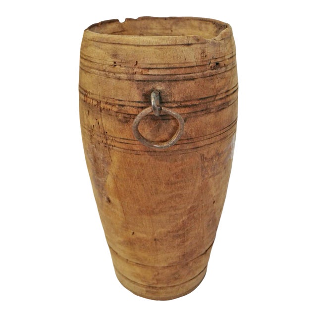 Rustic Vintage Wood Pot W/Ring Handles For Sale