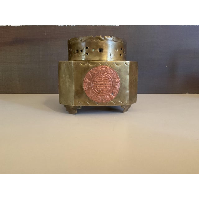 Vintage Brass & Copper Chinese Incense Burner With Longevity Medallion For Sale - Image 12 of 13