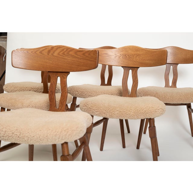 Brown Oak and Sheepskin Dining Chair attributed to Henry Kjærnulf for Jorgensen & Sonner, Denmark, 1940s For Sale - Image 8 of 14