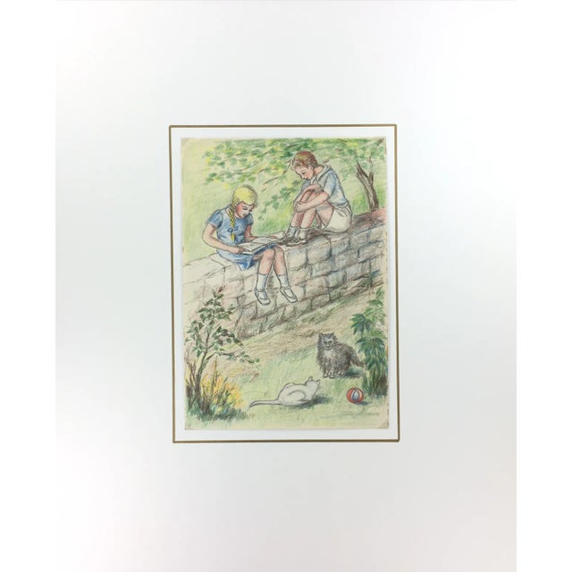 Softly-colored pencil drawing of two children sitting outside and bent over a book, accompanied by pretty plants and two...