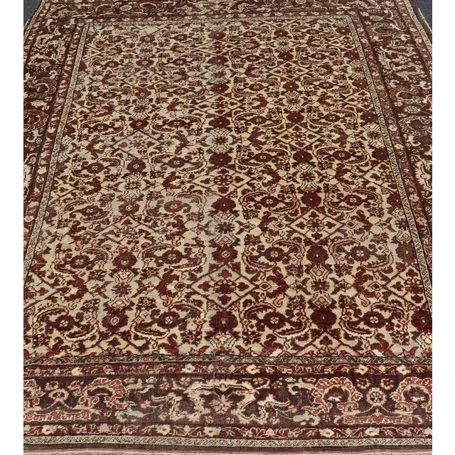 Persian Early 20th Century Antique Turkish Sivas Rug With Tan Background and Maroon, Eggplant, Brown Color For Sale - Image 3 of 13