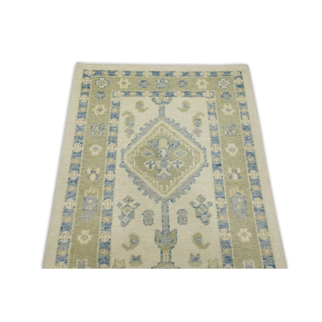 Early 21st Century Green & Blue Geometric Design Handwoven Wool Turkish Oushak Rug 2'10" X 11'8" For Sale - Image 4 of 7