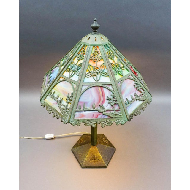 Bradley Hubbard Bradley & Hubbard Vintage Arts and Crafts Leaded Slag Glass Table Lamp For Sale - Image 4 of 10