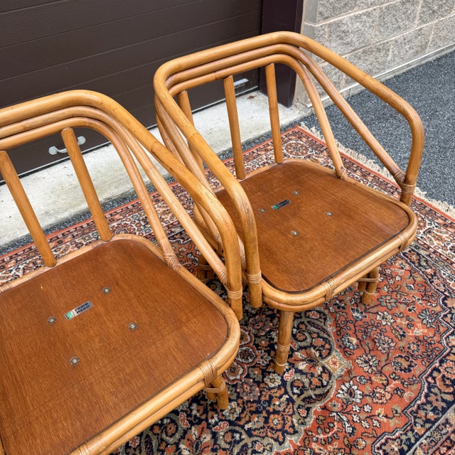 1970s Ficks Reed Mid Century Modern Bamboo / Rattan Swivel Dinette Chairs - A Pair For Sale - Image 11 of 18
