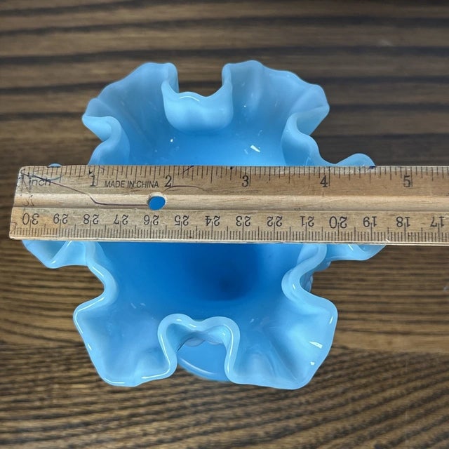 Fenton Art Glass Company Vintage Fenton Pastel Blue Hobnail Milk Glass Footed Double Crimped Ruffle Vase For Sale - Image 4 of 5
