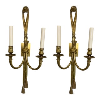 Mid 20th Century Louis XVI Style Brass Tromp l'Oeil Tassle Sconces- A Pair For Sale