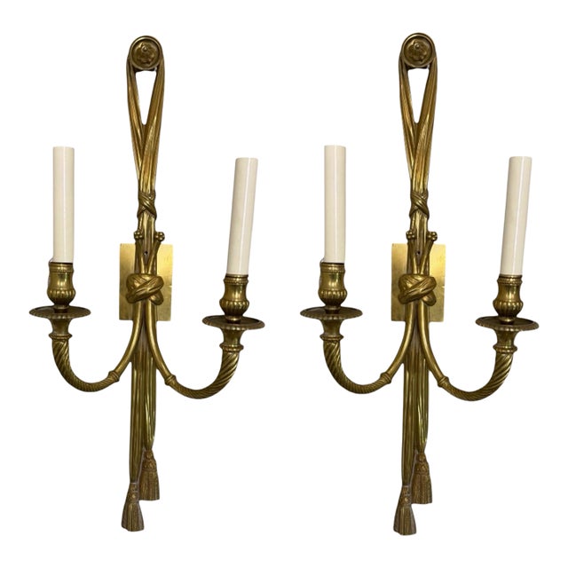 Mid 20th Century Louis XVI Style Brass Tromp l'Oeil Tassle Sconces- A Pair For Sale