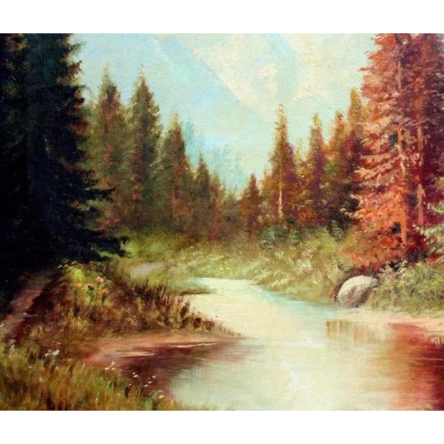 Beautiful mid century California landscape of trees reflecting over a nearby lake by an unknown artist (American, 20th...