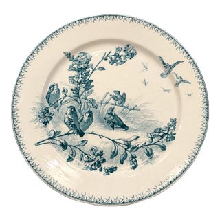 Circa 1880's French Sarreguemines Printemps Teal Bird Transferware Wall Plate For Sale