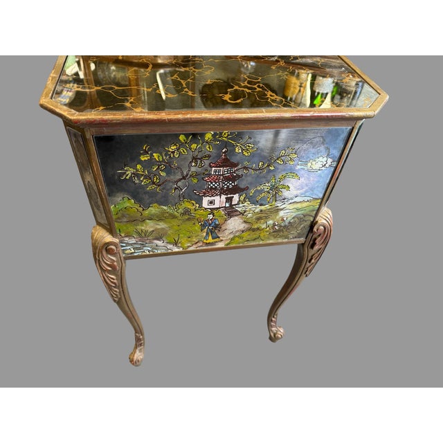 Black Hollywood Regency Mid Century Chinoiserie Mirrored Side Table Stand For Sale - Image 8 of 9