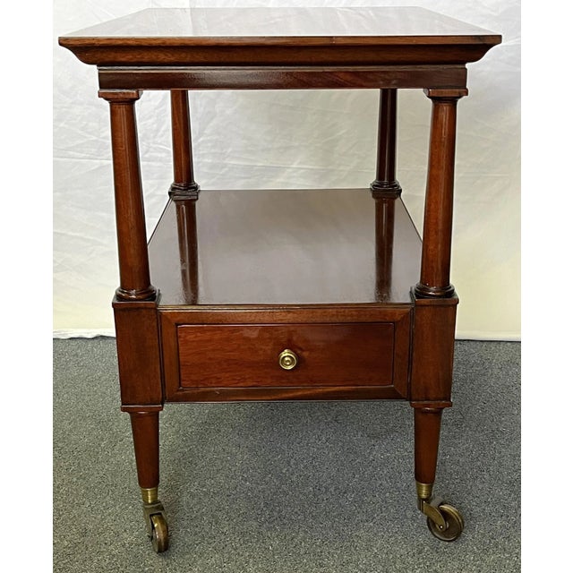 Traditional Vintage Solid Wood Side Table on Brass Casters With Drawer For Sale - Image 3 of 12