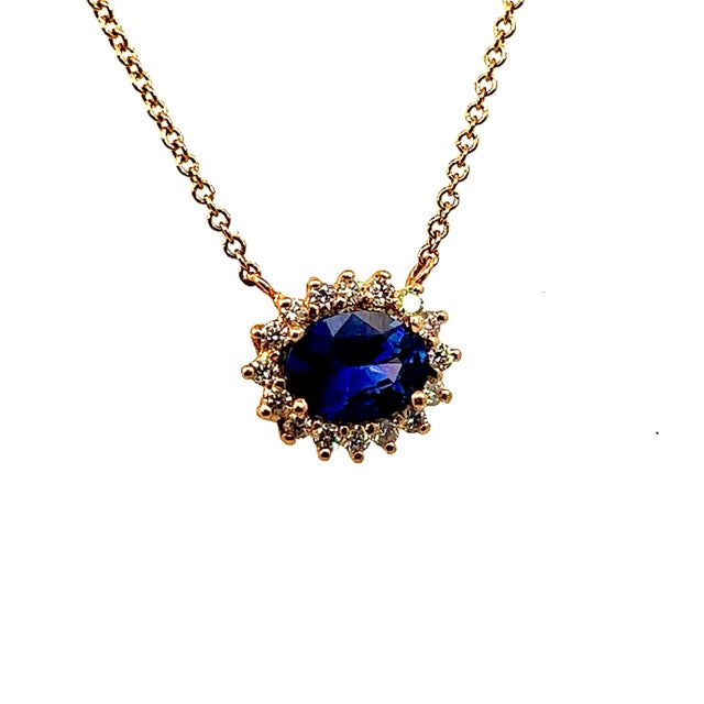 Natural Sapphire Diamond Halo Pendant With Chain 18" 14k YG 1.67 TCW Certified For Sale - Image 11 of 15