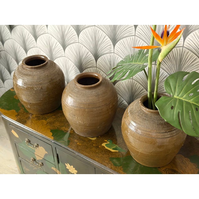 Antique Chinese Terracotta Ceramic Pickling Jar Flower Pot Planter Vases - Set of 3 For Sale - Image 4 of 9