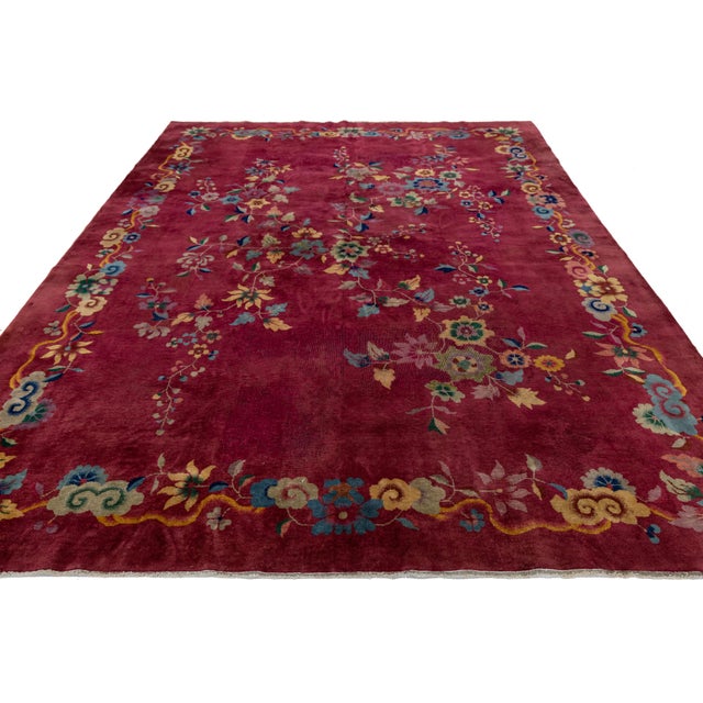 Textile 1920s Antique Art Deco Chinese Red Wool Rug With Floral Pattern For Sale - Image 7 of 11