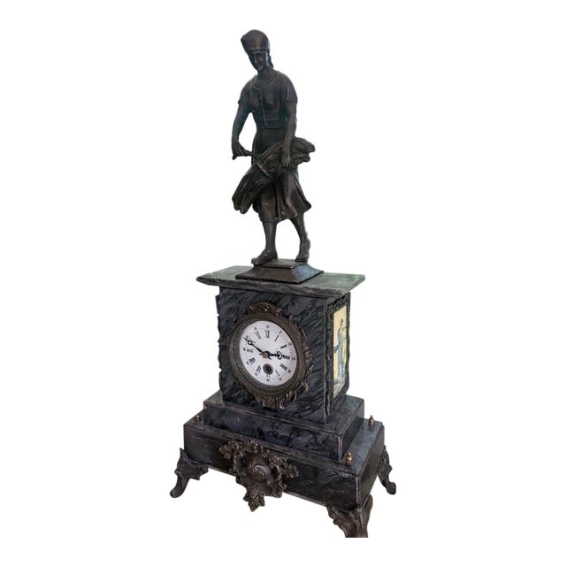 Antique French Victorian Marble Figural Mantel Clock With Harvest Maiden, C. 1880 For Sale