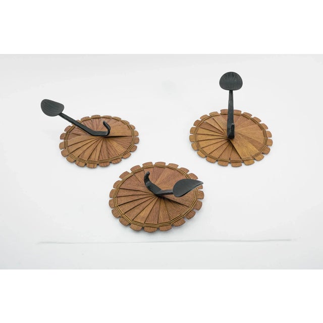 1960s Scandinavian Coat Hooks in Wood, Wicker & Iron, 1960s, Set of 3 For Sale - Image 5 of 7