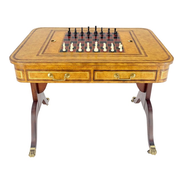 Flit Top Chess Board Backgammon Tooled Leather Top Two Drawers Game Table For Sale