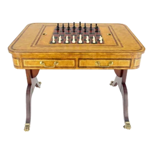 Flit Top Chess Board Backgammon Tooled Leather Top Two Drawers Game Table