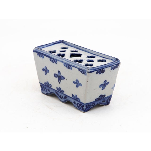 French Dutch Delft Style Blue & White Ceramic Flower Brick, France Early 20th C. For Sale - Image 3 of 9