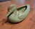 wonderfully proportioned mallard duck planter. soft mint green with brass colored highlights. made by Frankoma