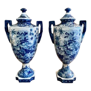 Vintage Pair of Chinoiserie Blue & White Craquelure Porcelain Lidded Amphora Urn Vases