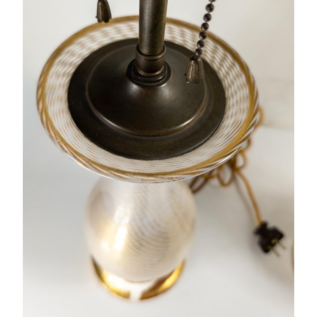 White Mid-Century Pair of Italian Murano White and Clear Latticinio Lamps With Gilding For Sale - Image 8 of 12