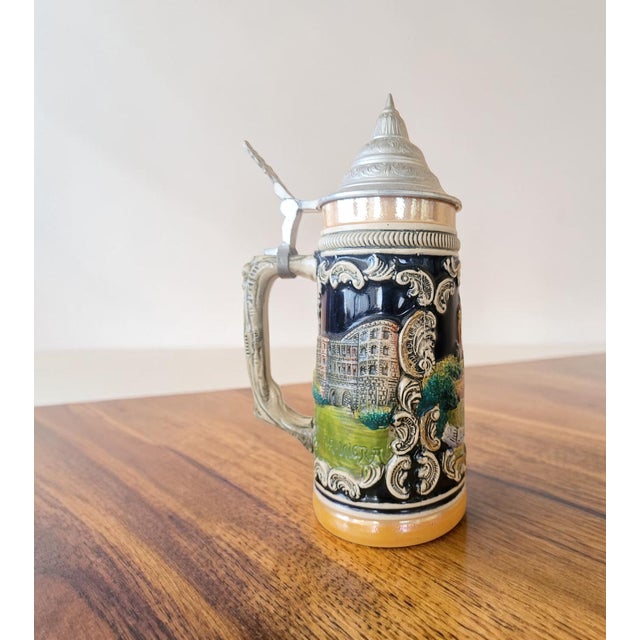 Vintage German Lidded Beer Stein Mug with Relief Town Views in Glazed Stoneware, 1950s For Sale - Image 11 of 15