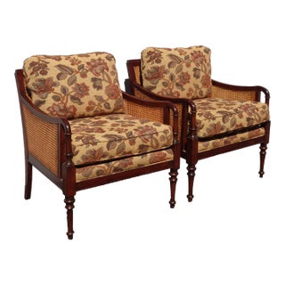 Pair of Baker Furniture Cane Lounging Chairs W Down Feathers & Floral Fabric For Sale