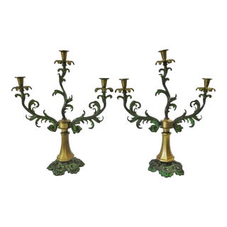 Solid Brass Gold & Green 3 Arm Candle Holder Candelabras - Set of 2 For Sale