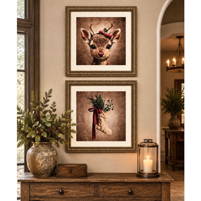 Pair of 28” Square Christmas Canvas Canvas Prints in Heavy Carved Gilt Wood Frames For Sale In Houston - Image 6 of 12