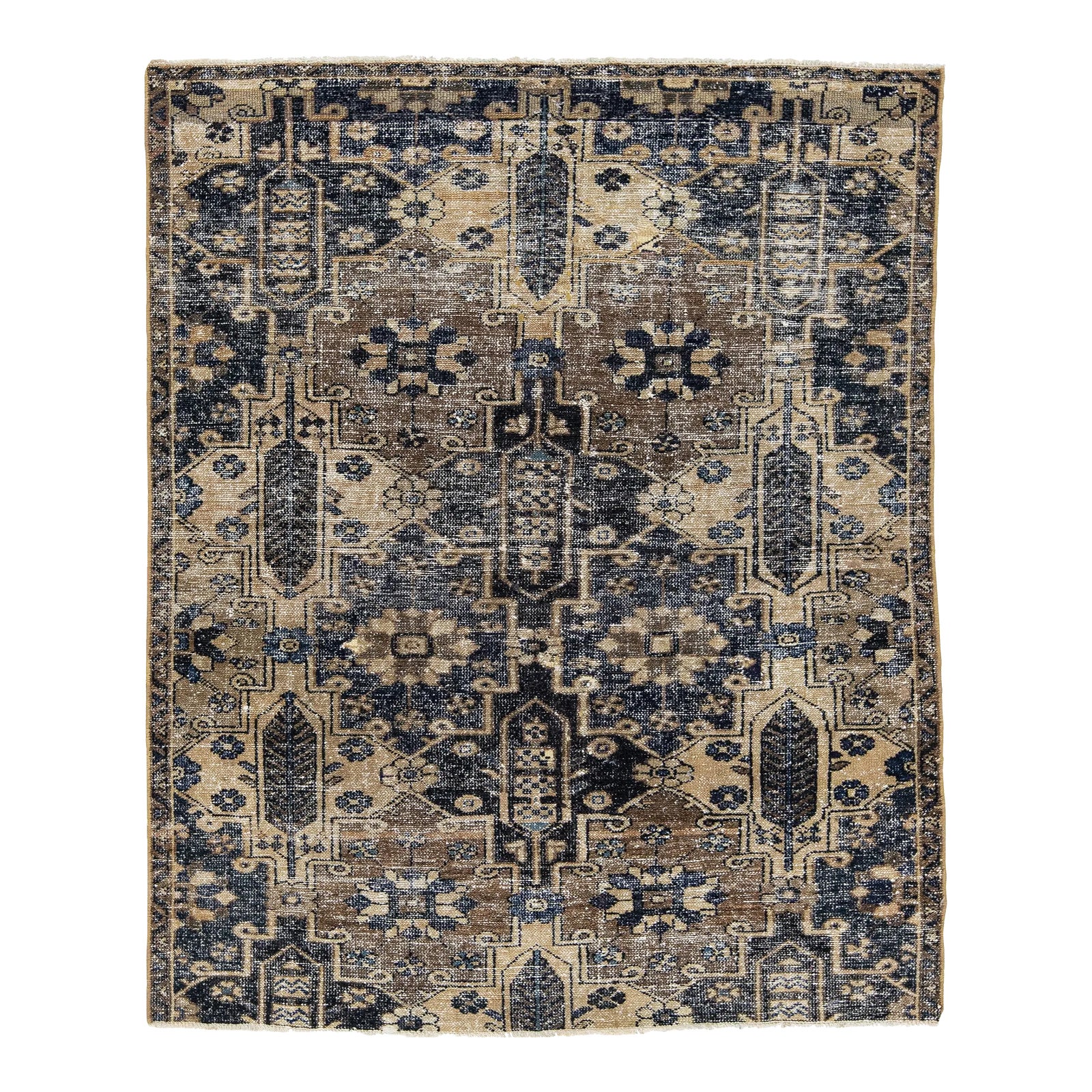 Brown Vintage Persian Distressed Wool Rug With Geometric Pattern | Chairish