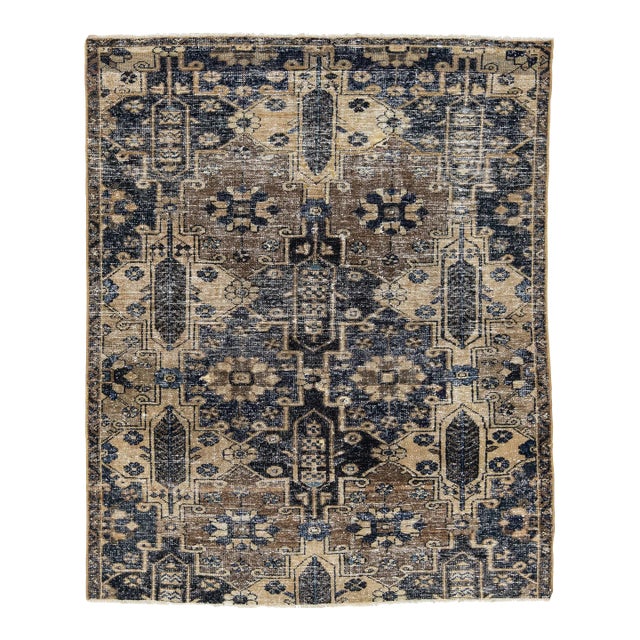 Brown Vintage Persian Distressed Wool Rug With Geometric Pattern For Sale