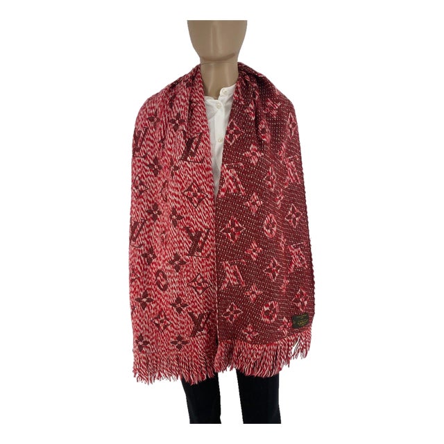 Louis Vuitton Bright Red & White Thick Wool & Silk Scarf For Sale