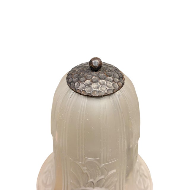 1920s Antique 1920s French Art Deco Accent Lamp Mushroom Shaped With Clear Frosted Glass Shade and Forged Black Iron Base #2659 For Sale - Image 5 of 7