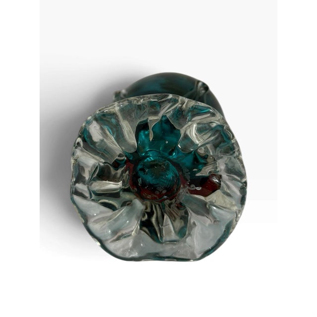 Signed Studio Art Glass Vase Teal and Flame Spatter Pulled Foot 2001 For Sale - Image 4 of 8