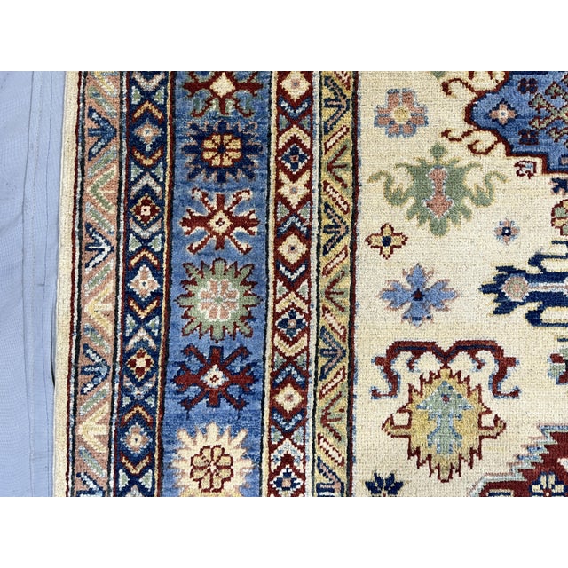 Ivory and Blue Kazak Wool Area Rug With Tribal Medallions, 4'10" X 6'7" For Sale - Image 12 of 15