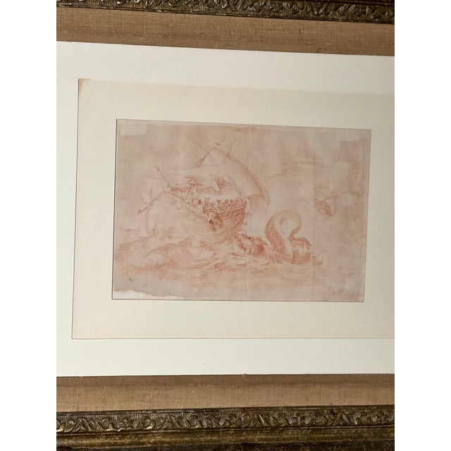 17th Century Serpent & Galleon, Red Chalk on Paper in GiltWood Frame For Sale - Image 5 of 9