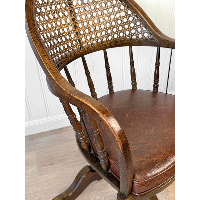 Vintage Traditional Mahogany & Cane Bankers Swivel Desk Chair For Sale - Image 12 of 17