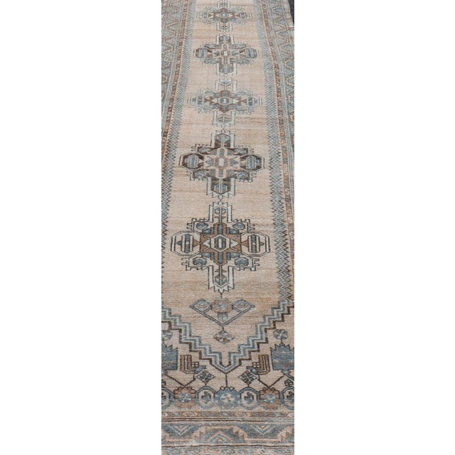 Tribal Antique Persian Hamedan Runner With Sub-Geometric Design in Soft Blue and Cream 3'3 X 15'1 For Sale - Image 3 of 10